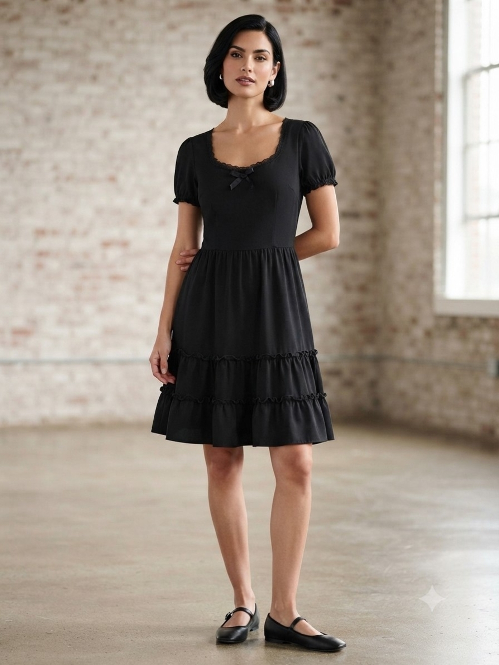 Hell Bunny Black Puff Sleeve Tiered Mini Dress Size Med